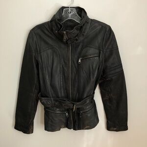 Andrew Marc Genuine Leather Biker Jacket Belted Black/Brown Womens XS FLAW